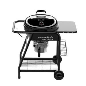 High-quality MasterKettle SNS grill with lid and side shelf for outdoor BBQ and grilling.