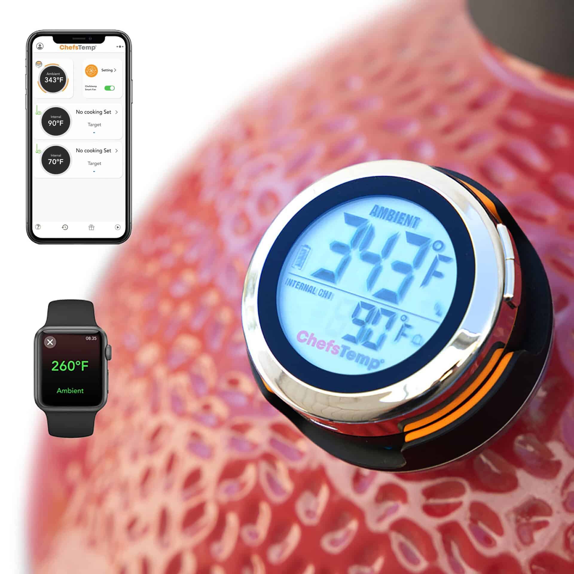 Accurate digital meat thermometer with wireless app control for precise grilling and cooking.