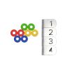 Colorful bottle caps with math number stack and counting blocks, educational kitchen timer concept.