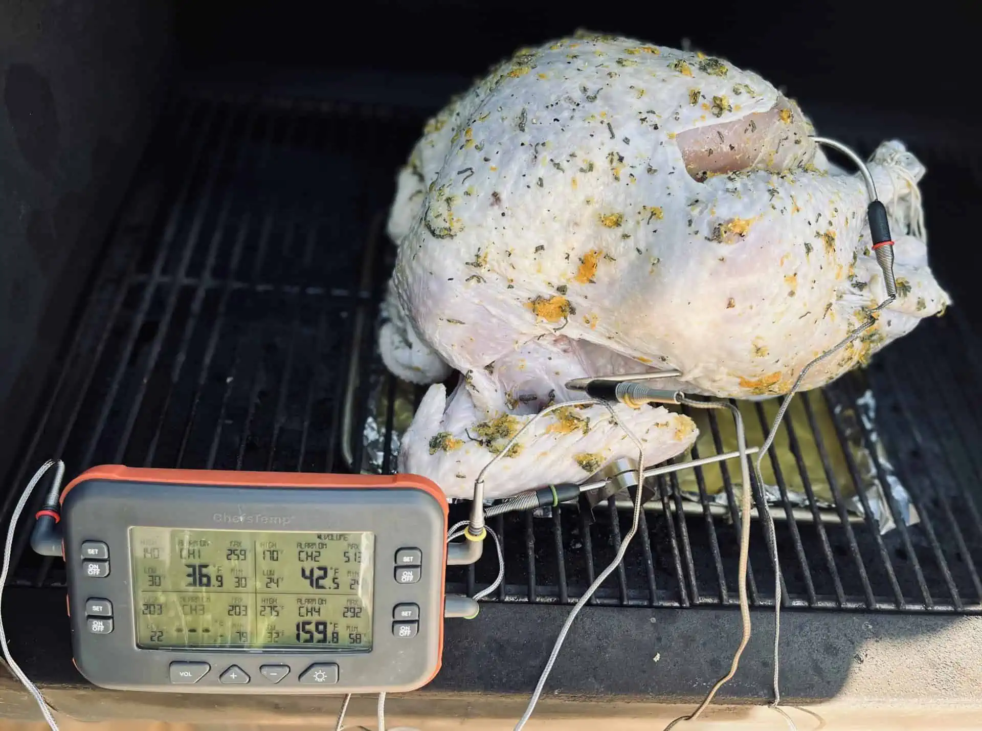 Image of a ChefsTemp Quad XPro Wireless Meat Thermometer measuring a thanksgiving turkey cooking temperature