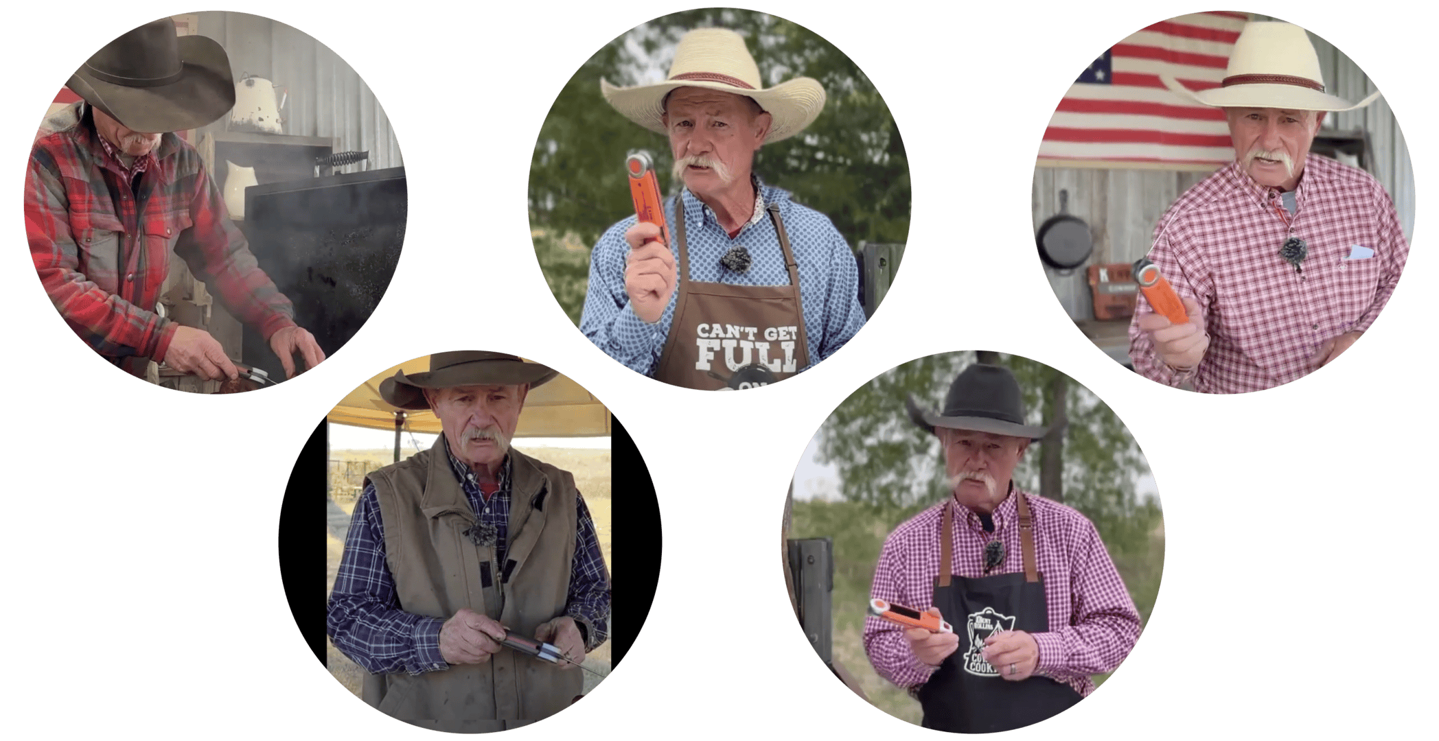 Digital meat thermometer testing outdoors with male chef in cowboy attire, precision cooking tools, and BBQ ambiance.