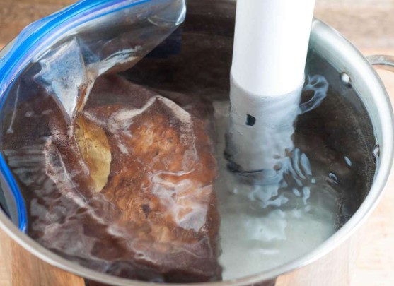 Sous vide water-controlled temperature.