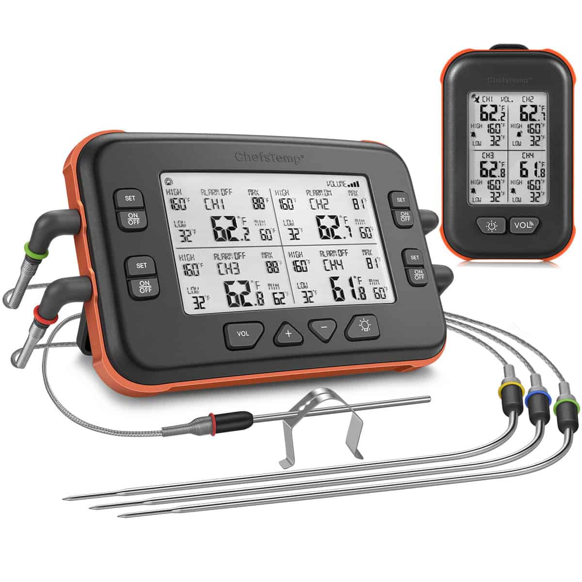 Wireless grilling thermometer with dual probes and digital display for precise temperature monitoring.