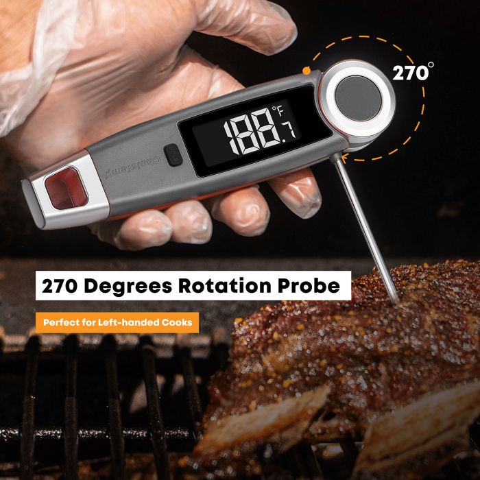 Wireless digital meat thermometer with 270° rotating probe for precise grilling.