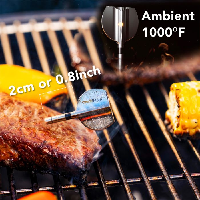 Wireless meat thermometer for grilling, measures temperature from 2cm or 0.8 inches with ambient 1000°F heat resistance.