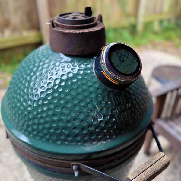 ChefsTemp S1 thermometer attached to a Big Green Egg grill.