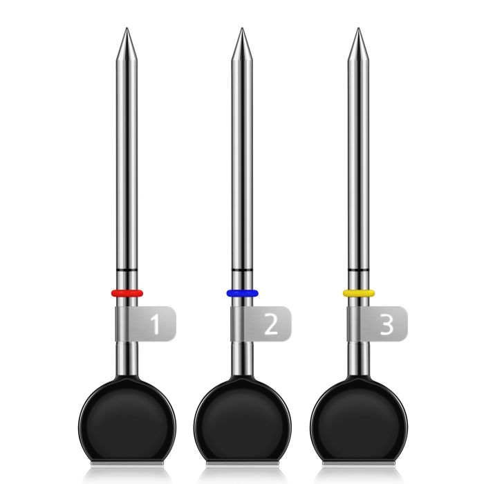 Stainless steel grilling probes with color-coded indicators for precise temperature monitoring.
