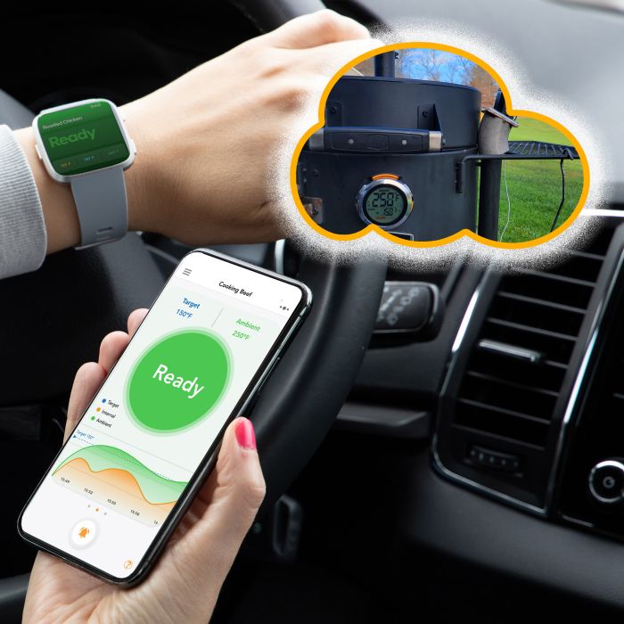 Wireless grilling thermometer monitoring outdoor grill temperature and smartphone app for precise cooking control.
