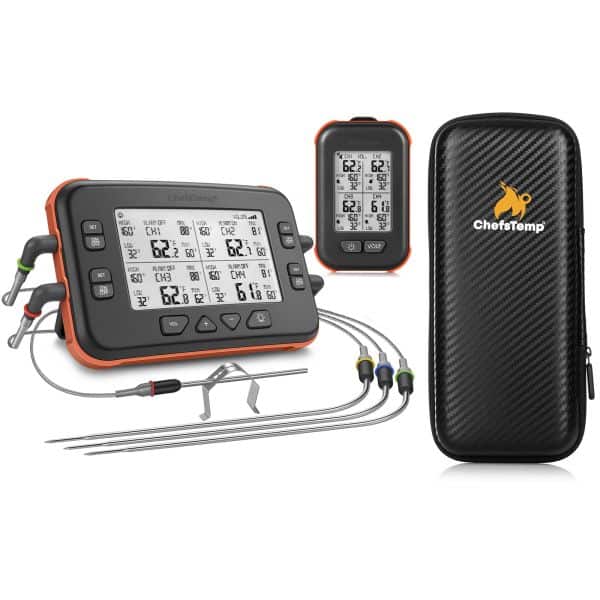 Portable digital meat thermometer with multiple probes for precise cooking temperature monitoring.