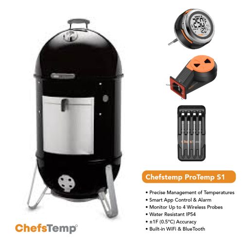 Wireless digital thermometer with multiple probes and a grill smoker for precise cooking control.