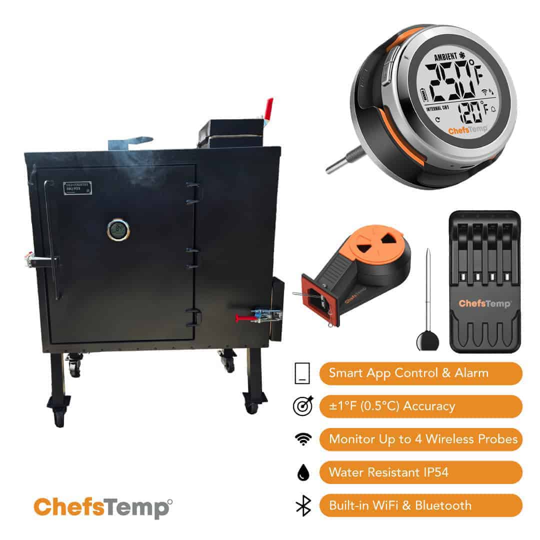 Wireless grilling smoker with digital temperature control and remote monitoring.
