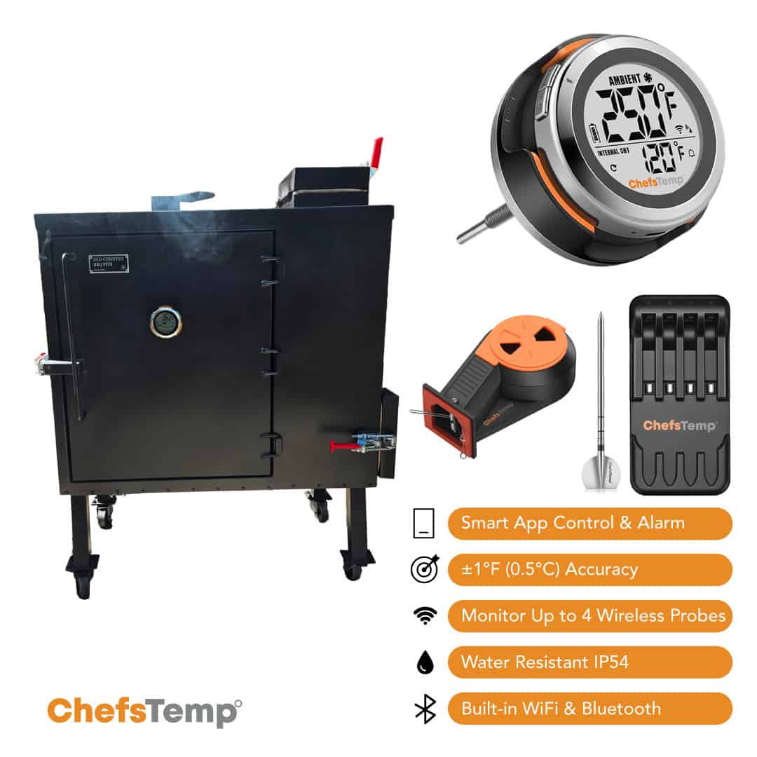 Bluetooth wireless thermometer with digital display for precise grilling temperature control.