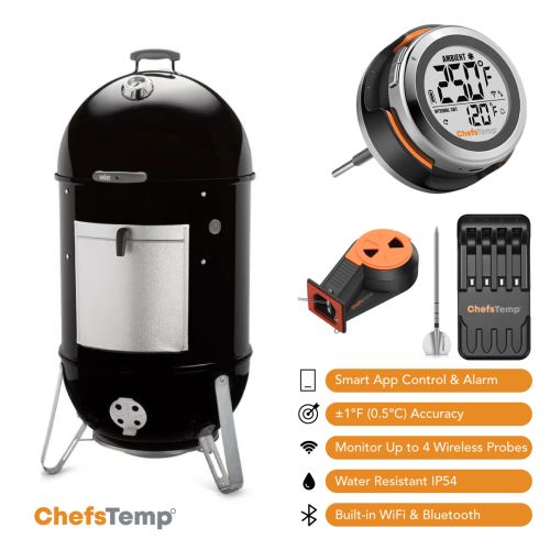 Bluetooth-enabled wireless meat thermometer for precise grilling control with app alerts.