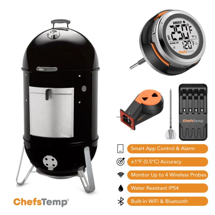 Bluetooth-enabled wireless meat thermometer for precise grilling control with app alerts.