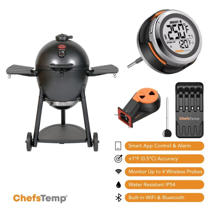Wireless grilling thermometer with digital display and probes.