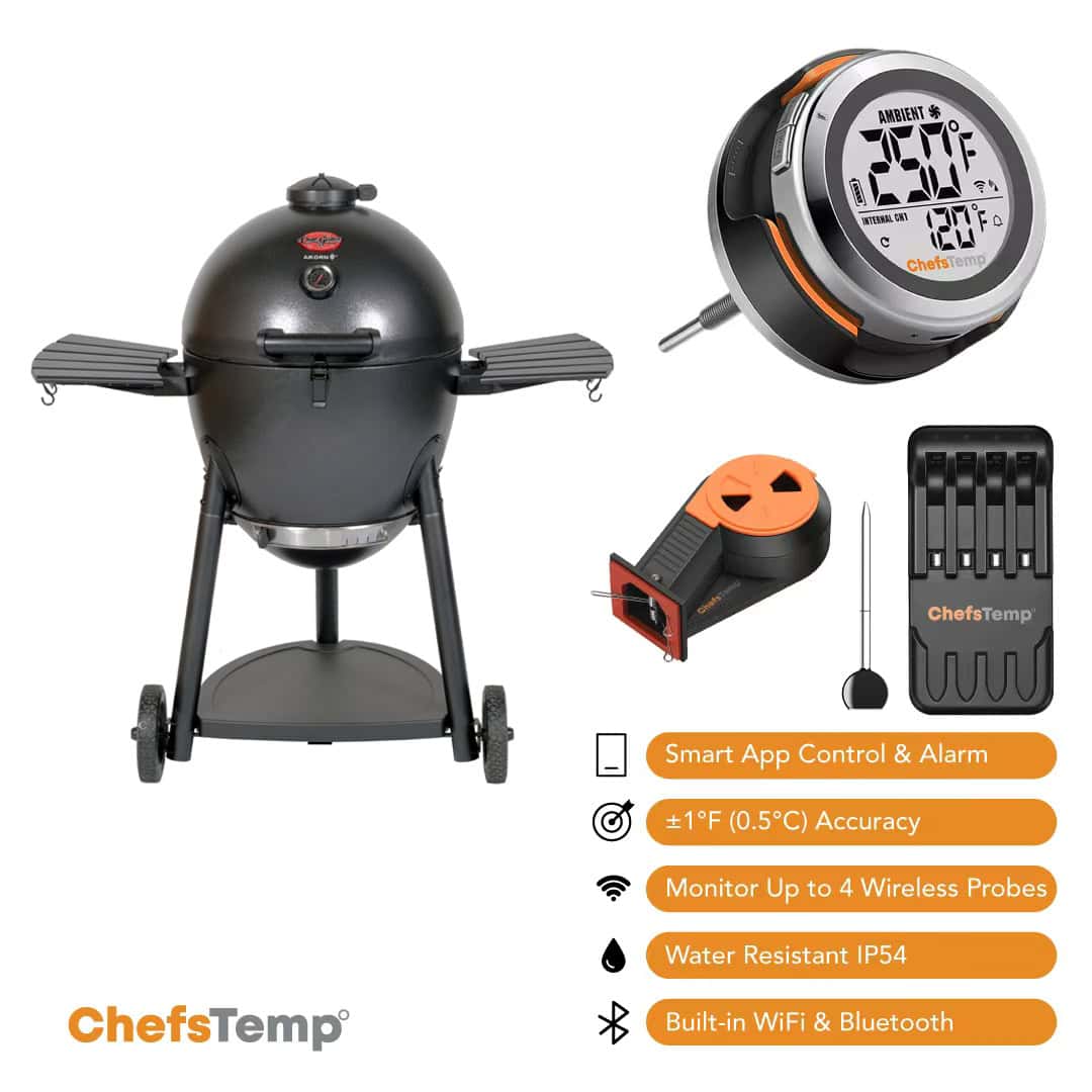 Wireless grilling thermometer with digital display and probes.