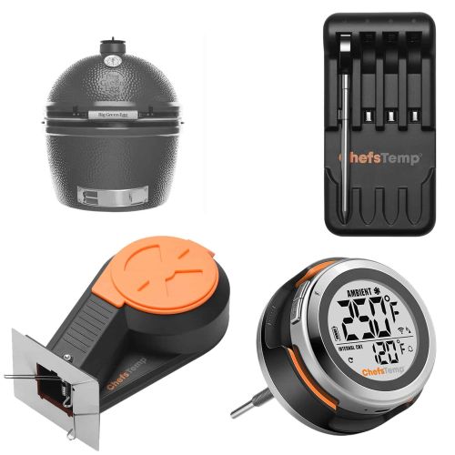 Wireless grilling thermometer set with digital display and probe for precise temperature monitoring.