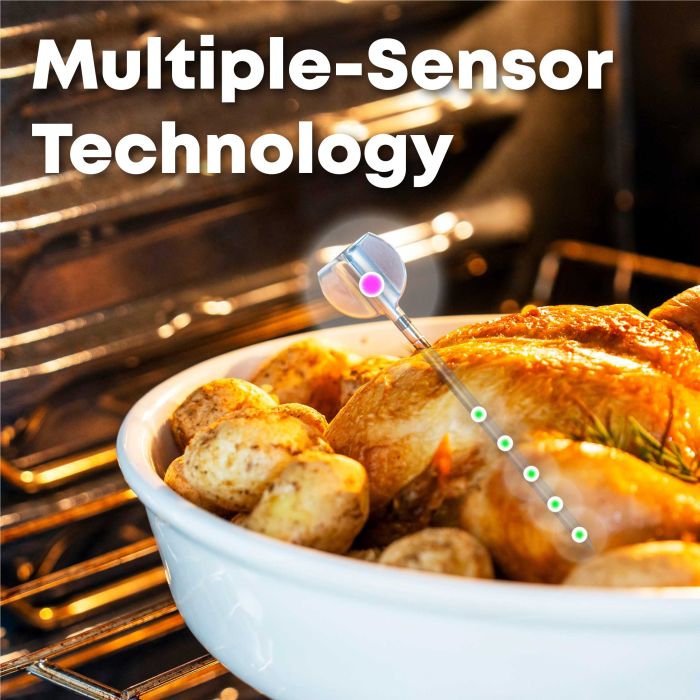 Wireless meat thermometer with multiple sensors for precise cooking monitoring.