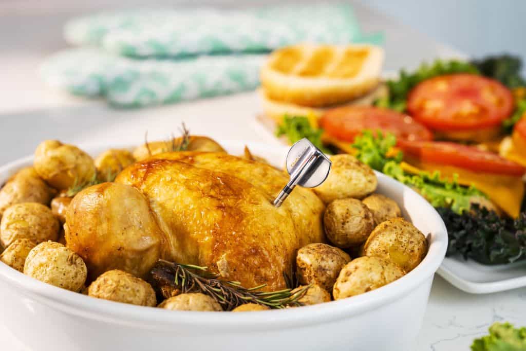 20241015-Chefstemp_45_Final Juice thermometer in roasted chicken with herbs and vegetables, ideal for chefs and culinary professionals.