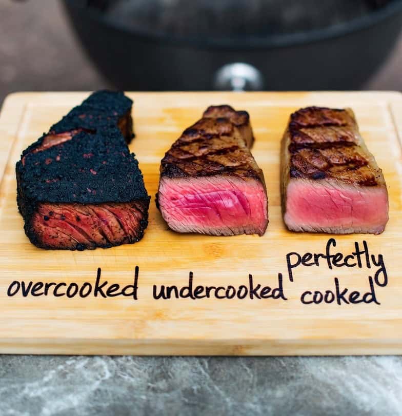 Comparison image showing overcooked, undercooked, and perfectly cooked steak Comparison image showing overcooked, undercooked, and perfectly cooked steak