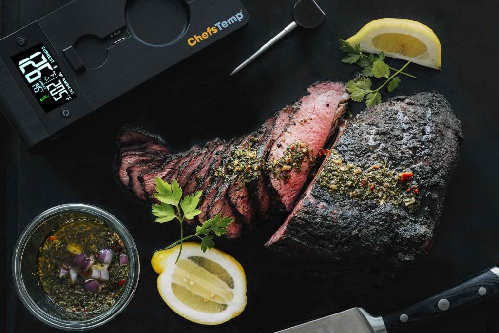 Triptip-3 Juicy prime rib roast cooked with Chef's Temp thermocouple probe for perfect doneness.