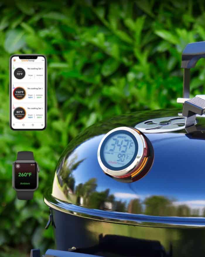 Wireless Bluetooth digital meat thermometer for grill and smoker, compatible with smartphone app.