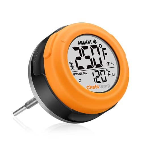 Wireless digital food thermometer for BBQ grilling and cooking, with instant read temp display.