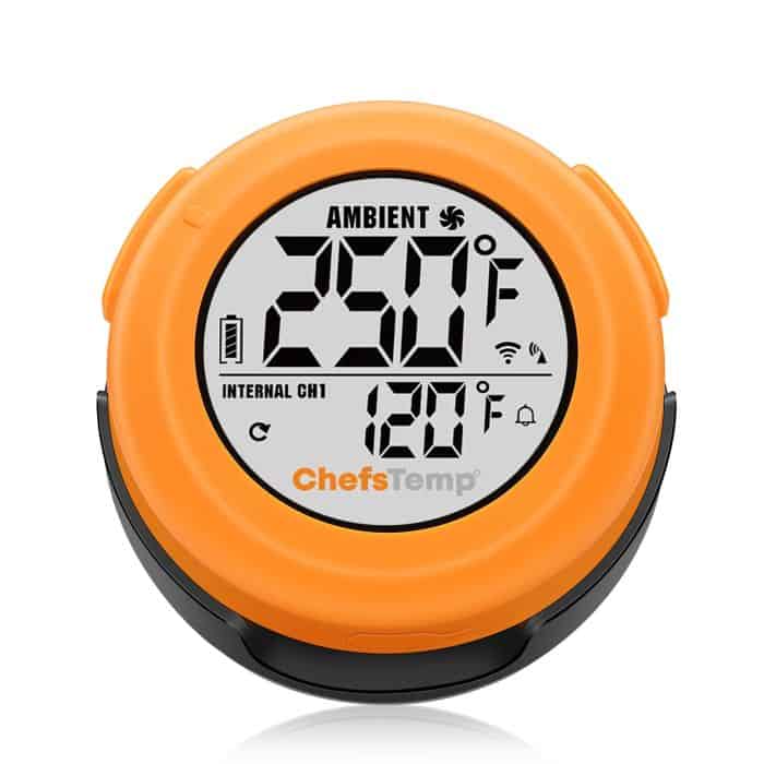 Digital cooking thermometer display with multiple temperature readings and connectivity icons.