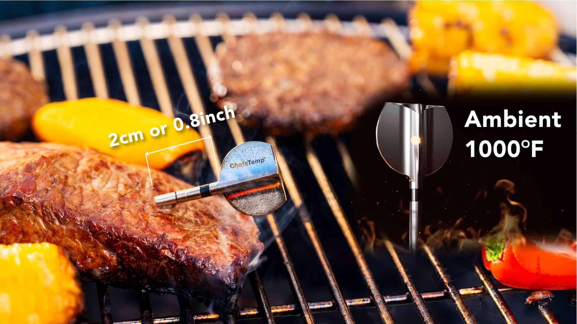 Digital meat thermometer on grill measuring steak temperature accurately.