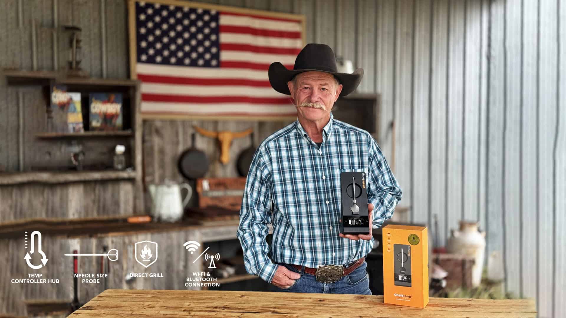 Wireless digital meat thermometer for accurate grilling, featuring Wi-Fi and Bluetooth, needle probe, and temperature control.