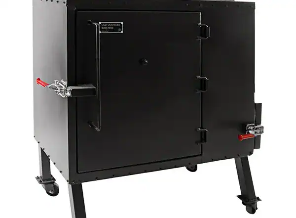 High-quality black offset smoker grill with sturdy legs, perfect for outdoor barbecue and grilling enthusiasts.