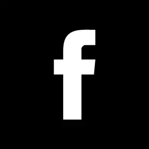 Facebook logo in white on a black background, representing social media presence.
