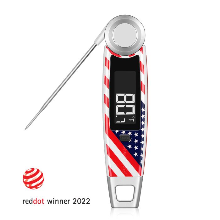 Digital wireless thermometer with American flag design, ideal for precise grilling and cooking.