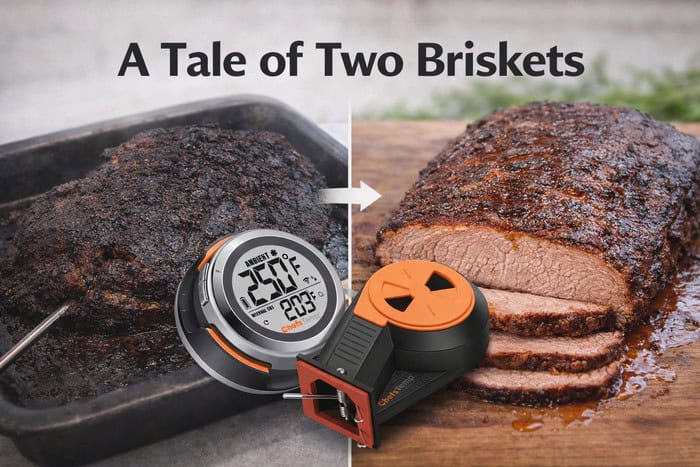 Termómetro inalámbrico para carne que monitorea la temperatura de la pechuga durante el proceso de ahumado.