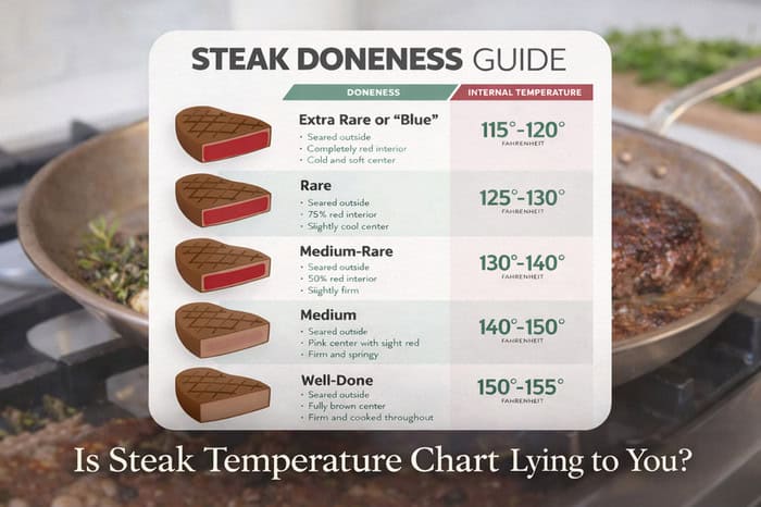 Steak doneness guide showing internal temperatures and descriptions for various levels of cooked steak.
