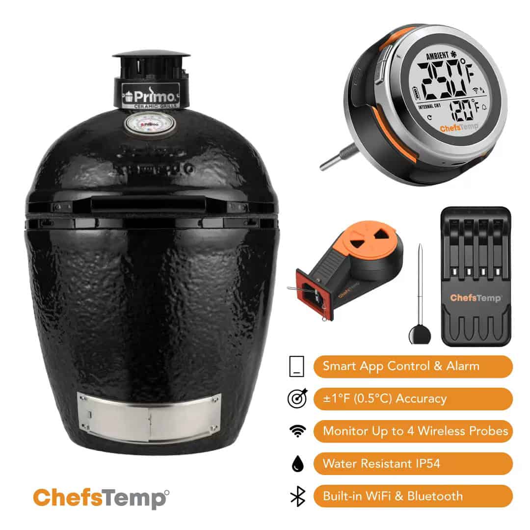 High-quality grill smoker with wireless thermometer, remote probes, and Bluetooth control for precise outdoor cooking.