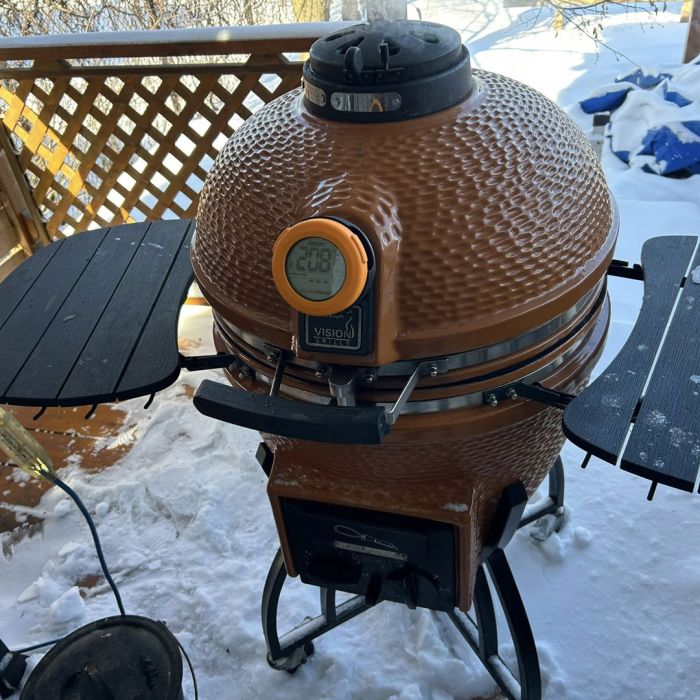 ProTemp S1 wireless grill temperature controller on Primo ceramic grill in snow.