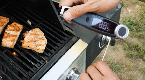 Digital meat thermometer monitoring grilling temperature for perfect cookout results.