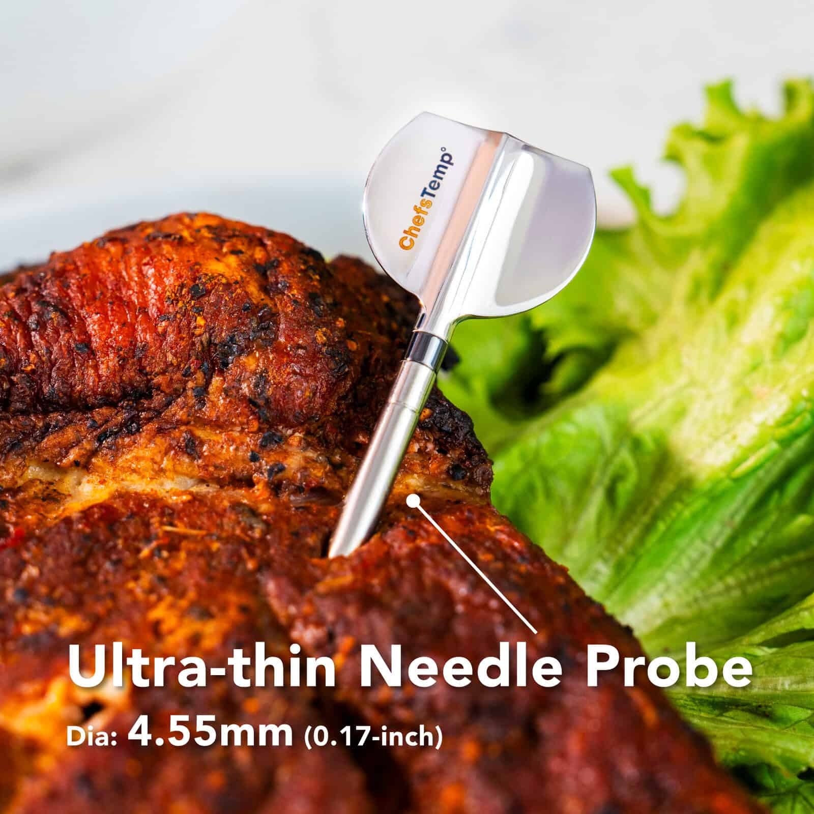 High-precision wireless thermometer with ultra-thin needle probe for perfect grilling results, featured on Chefstemp.com.