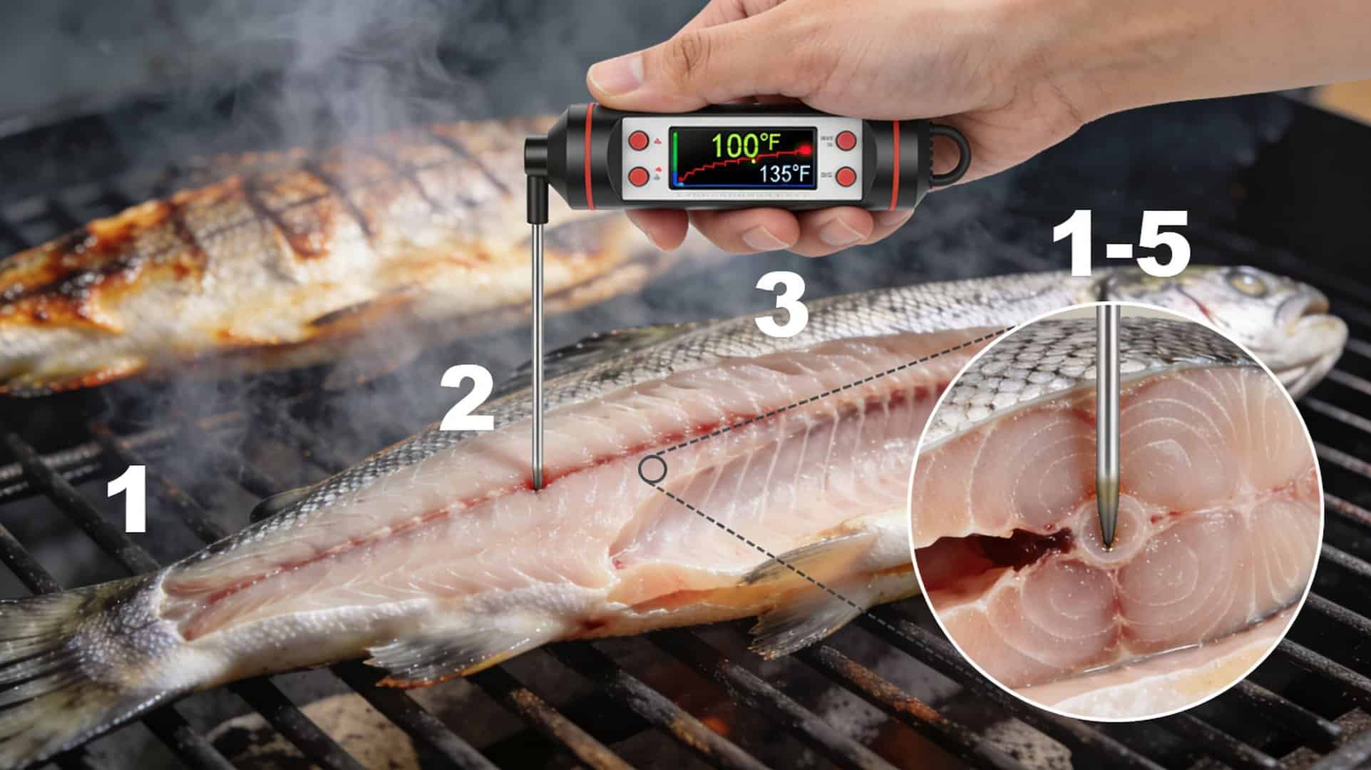 Digital thermometer measuring trout's internal temperature on grill.