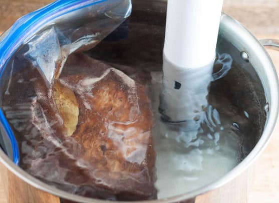 Sous vide water-controlled temperature.