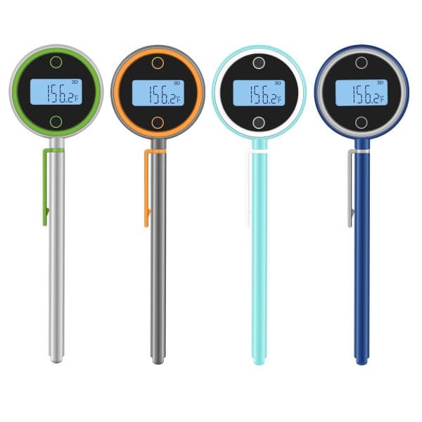 Digital cooking thermometers with colorful LED displays for accurate food temperature measurement.