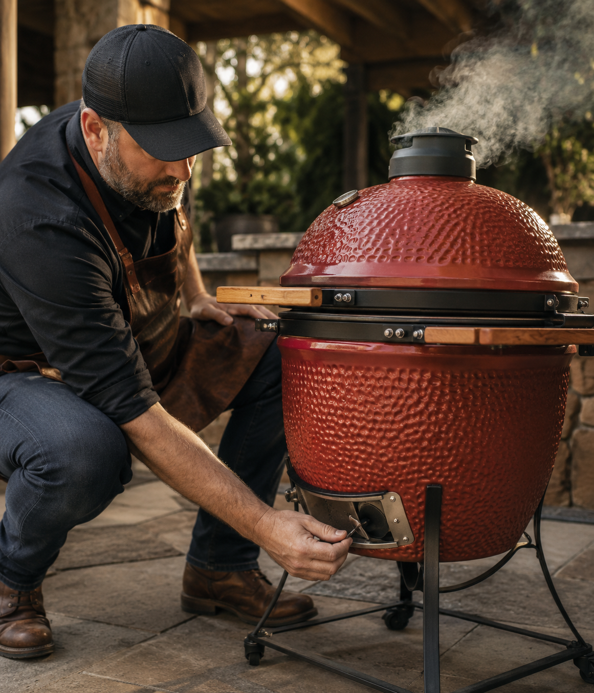 Kamado owner manually adjusting the lower air vent during a cook